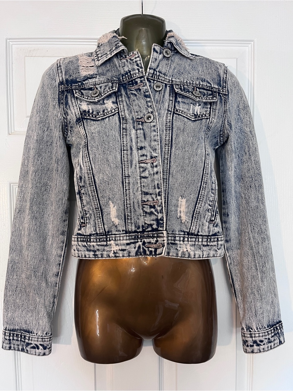Acid Wash Distressed Denim Jacket - Light Gray/Dark Blue